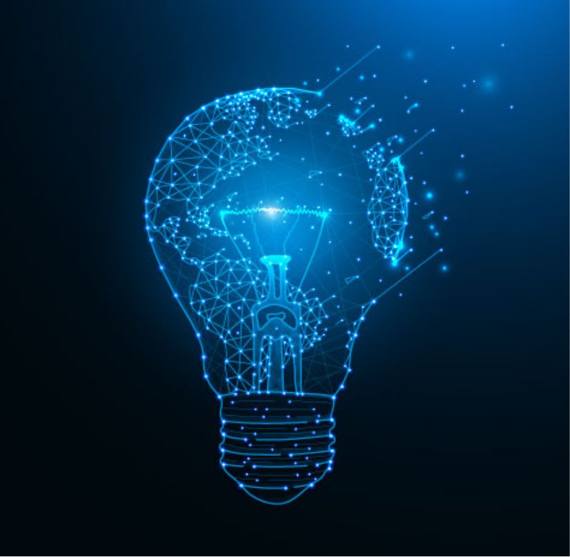 A glowing blue digital illustration of a light bulb made of interconnected lines and dots, with part of a globe forming the top half, symbolizing global innovation and technology on a dark background.