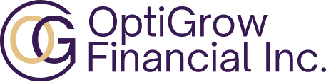 Logo for OptiGrow Financial Inc. featuring interlocking letters O and G in gold and purple, next to the company name written in purple text on a light background.