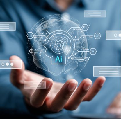 A person holds out a hand with a glowing digital globe above it, featuring a head outline, AI text, gears, and circuit-like graphics, symbolizing artificial intelligence technology and innovation.